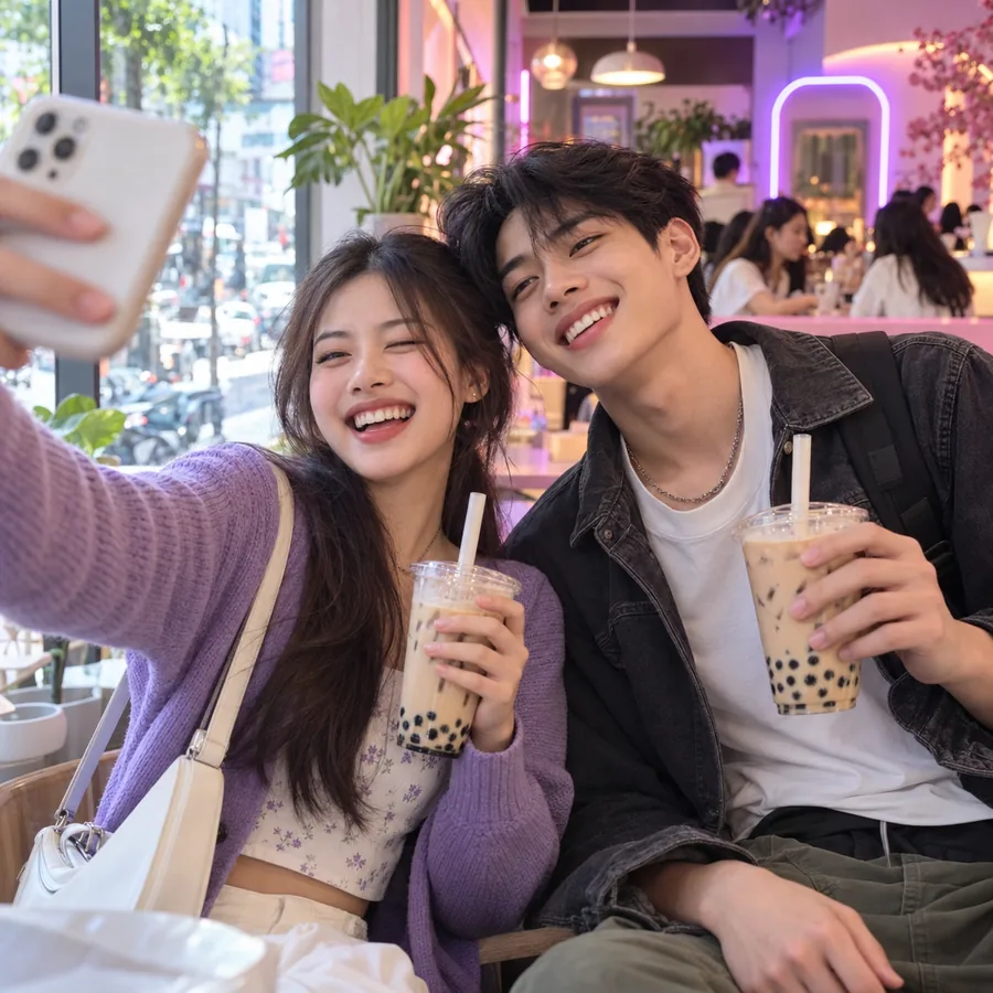 Hai bạn trẻ chụp ảnh selfie ở quán trà sữa